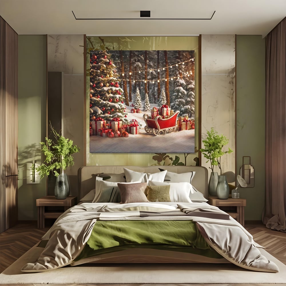 Tablou canvas cu tablou canvas cu peisaj de iarna, fara rama, pe sasiu de lemn, pe perete intr-un dormitor